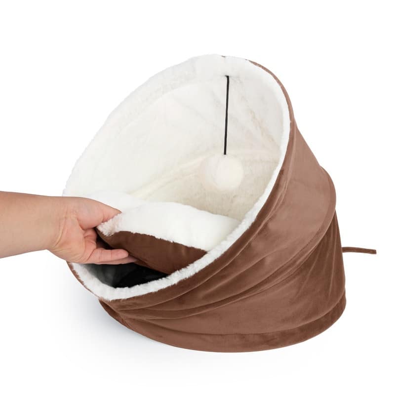 Cozy Cat House Velvet With Sherpa + Dangling Ball - 16"16"
