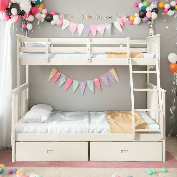 slide 2 of 13, Twin Over Full Wooden Bunk Bed with Storage Drawers,Ladder Cream