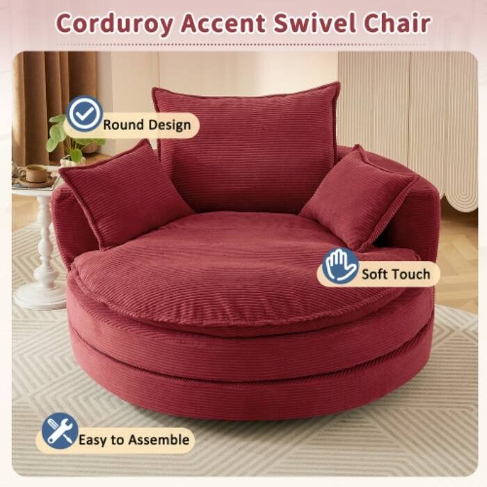57.5" 360° Swivel Barrel Chair - Dual-Layer Cushion with 3 Removable Pillows for Living Room & Office