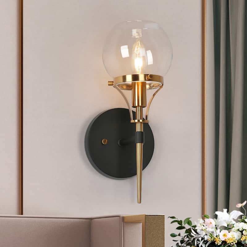 Beta Modern 1-Light Globe Glass Wall Sconce Gold Black Bathroom Vanity Light - 4.9'' L x 7.1'' W x 12.6'' H