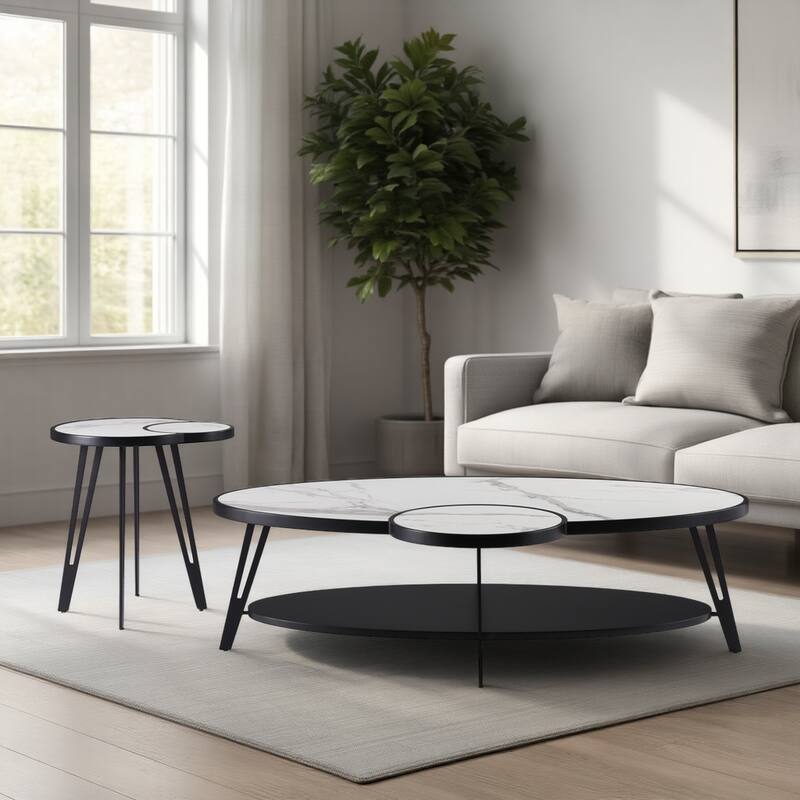 Banks Contemporary Modern 16.5 in. Oval White Coffee Table with Sintered Stone Top