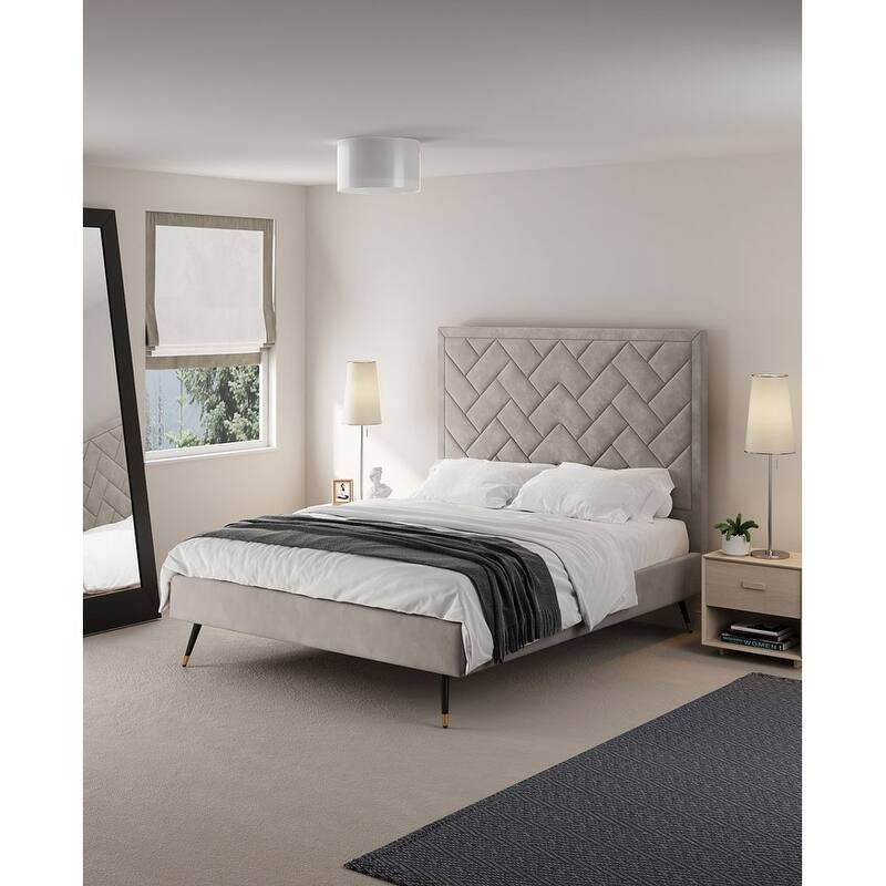 Manhattan Comfort Crosby Modern Velvet Upholstered Bed - Greige - Queen