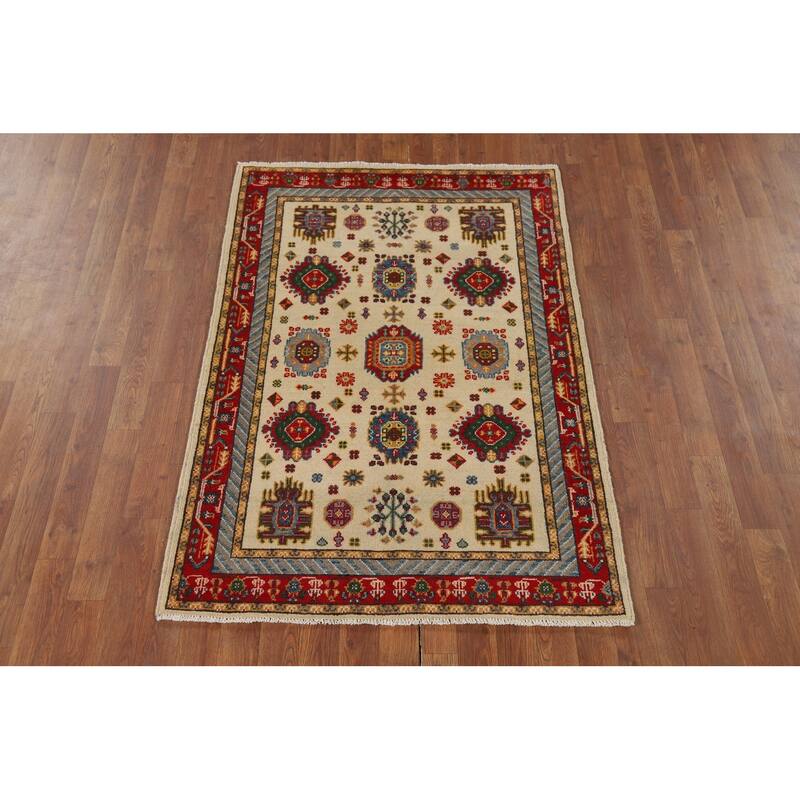 Traditional Kazak Foyer Rug Handmade Beige Geometric Wool Carpet - 3'4" x 4'11"