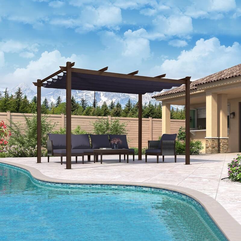 PURPLE LEAF Outdoor Retractable Bronze Metal Pergola w Canopy for Beach Deck Gazebo - 10ft x 13ft - Navy Blue Canopy