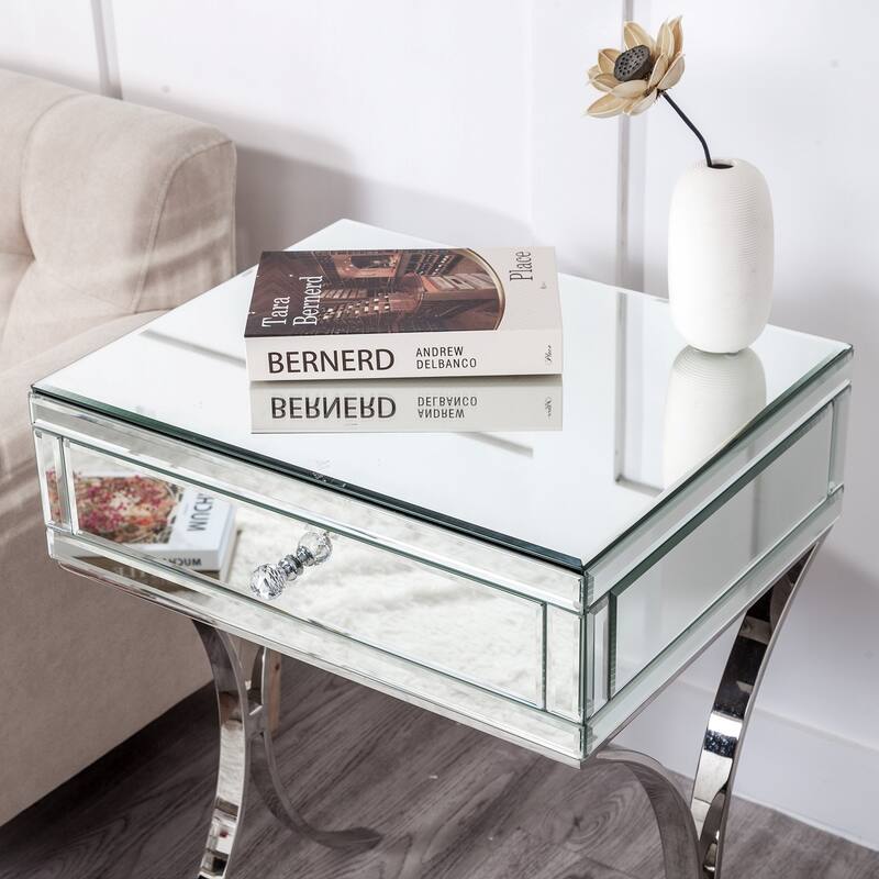 Mirrored Nightstand with Drawer, Mirror End Table Silver Bedside Table