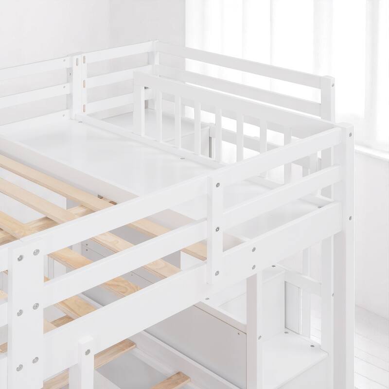 Wood Triple Bunk Bed Full Over Twin and Twin with Storage Drawers and Staircase, 600 lbs Capacity Top