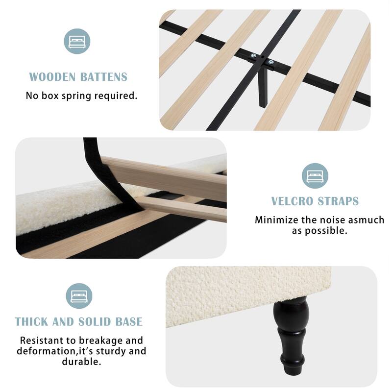 King Size Upholstered Bed Frame with High Back Headboard, Boucle Fabric, Solid Wood Legs, No Box Spring Needed