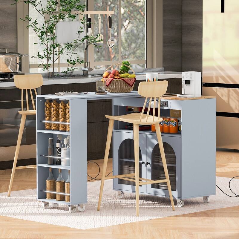 Kitchen Island Cart w/ Extended Table, Rolling Kitchen Island w/ LED Lights, Power Outlets & 2 Fluted Glass Doors & Open Shelves