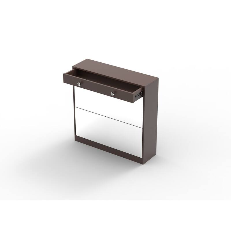 Mirrored Shoe Cabinet with Drawers - Space-Saving Entryway Organizer in Brown Finish