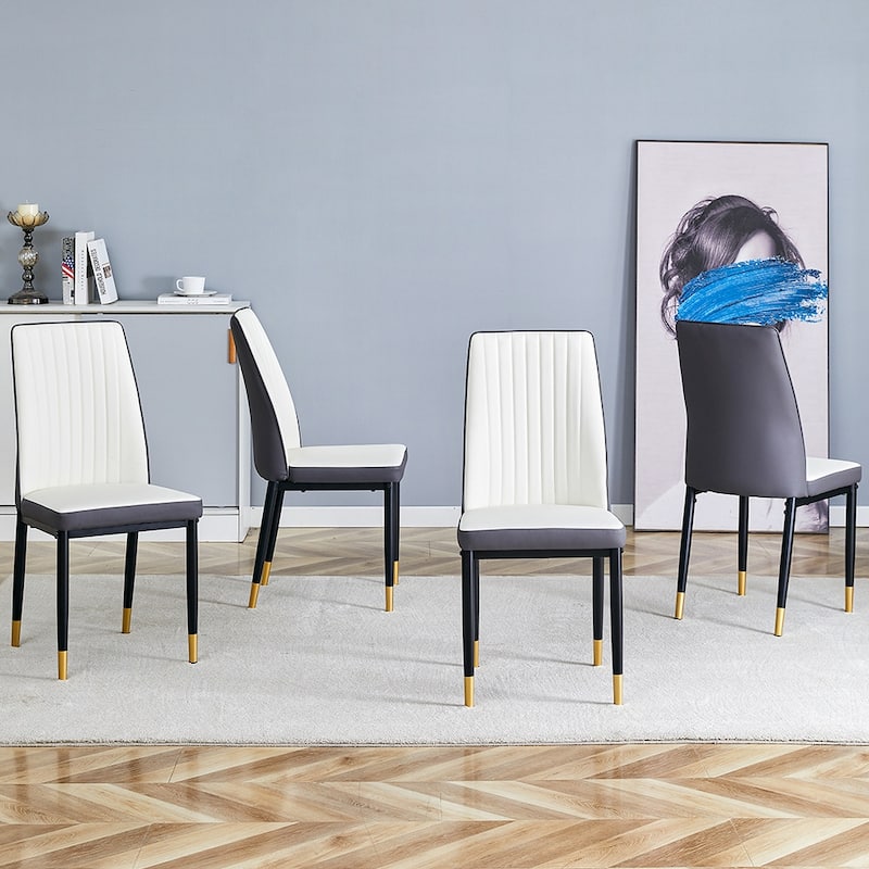 4 Dining Chair Set, White + Grey Dining Chair Set, High Back Seat in PU Material and Sturdy Black Leg Chair for Dining Room - Dark Gray,White