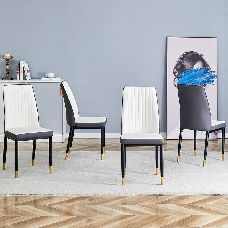 4 Dining Chair Set, White + Grey Dining Chair Set, High Back Seat in PU Material and Sturdy Black Leg Chair - Dark Gray,White