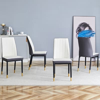 4 Dining Chair Set, White + Grey Dining Chair Set, High Back Seat in PU Material and Sturdy Black Leg Chair