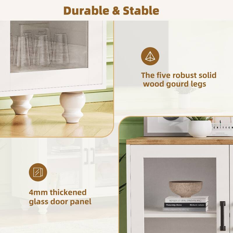 Farmhouse-Style TV Stand for TVs up to 70 Inches with Bookshelves, Tempered Glass Doors, for Living Rooms