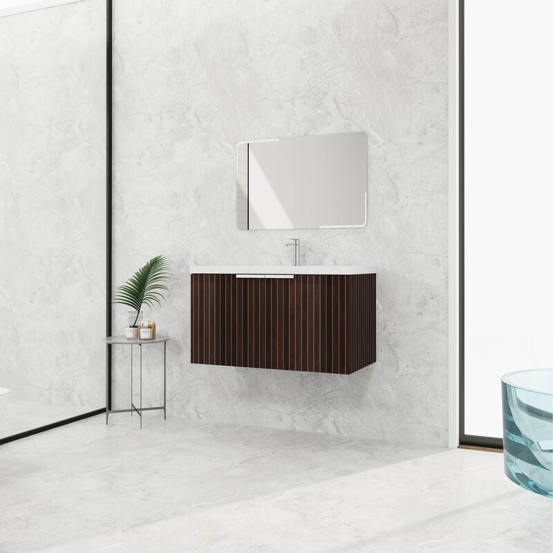 48in Bathroom Vanity with Resin Sink, Soft Close Hinges, 3 Doors, Eco-Friendly Design, Wall-Mounted Floating Cabinet