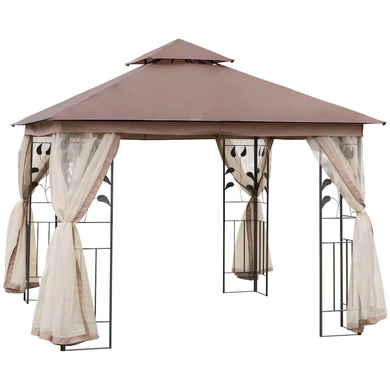 10'x10' Double Roof Metal Gazebo with Netting, Tree Motif Design for Outdoor Garden & Backyard - Brown
