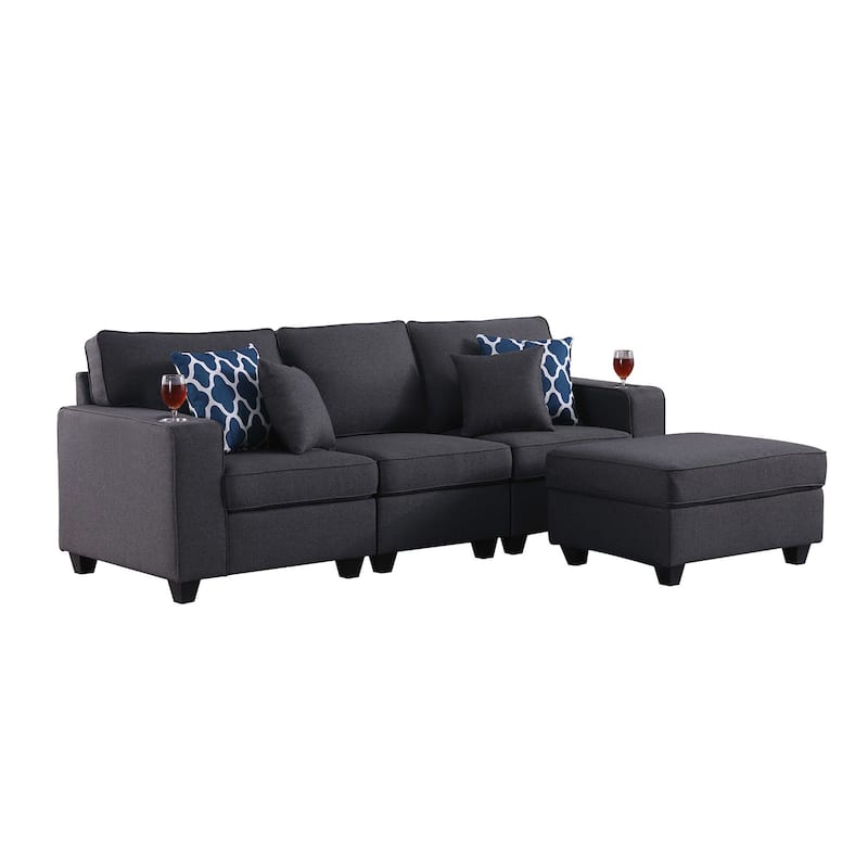 Linen Upholstered Sofa with Ottoman in Dark Gray