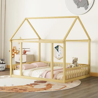 Floor Wooden Bed with House Roof Frame and Safety Guardrails