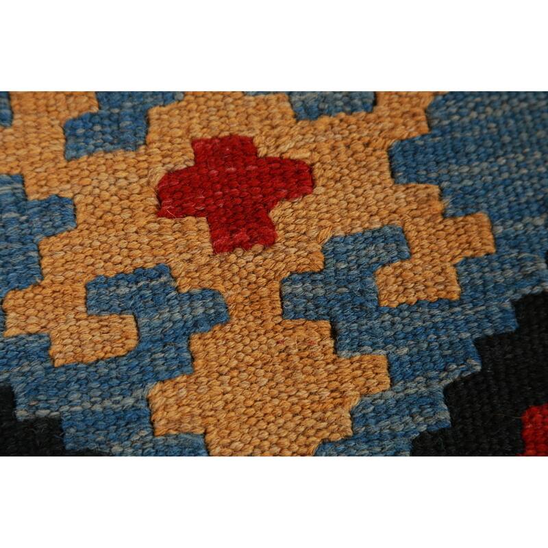 Hand Woven Oriental 100% Wool Carpet Southwestern Geometric Multi-Colored Kilim Runner Rug - 13' 2'' X 2' 9''