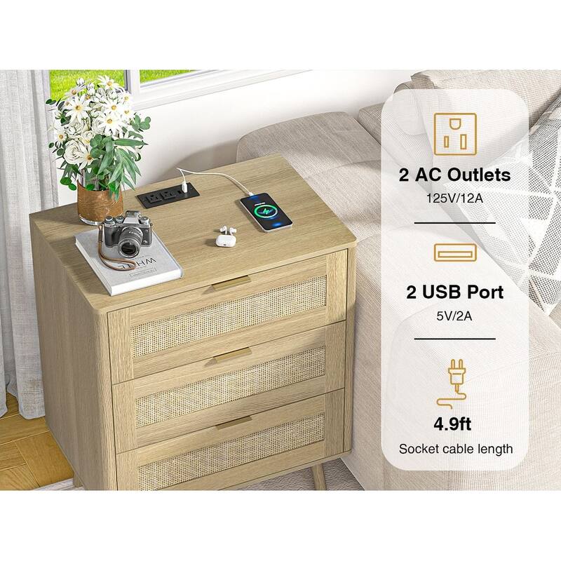 3-Drawer Rattan Dresser - Modern Boho Chest with Natural Accents, Smooth Drawers & Bedroom Storage