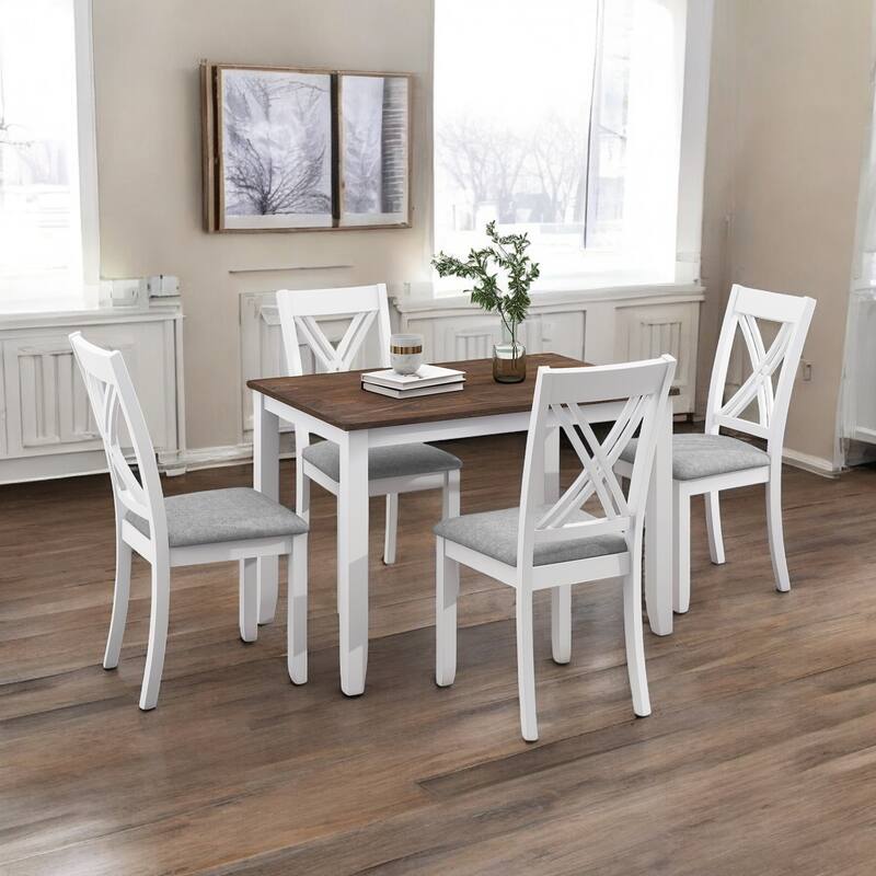 5-Piece Dining Table Set with 4 X-Back Chairs for Small Dining Rooms, Solid Wood Construction with Linen Upholstered Seats - White