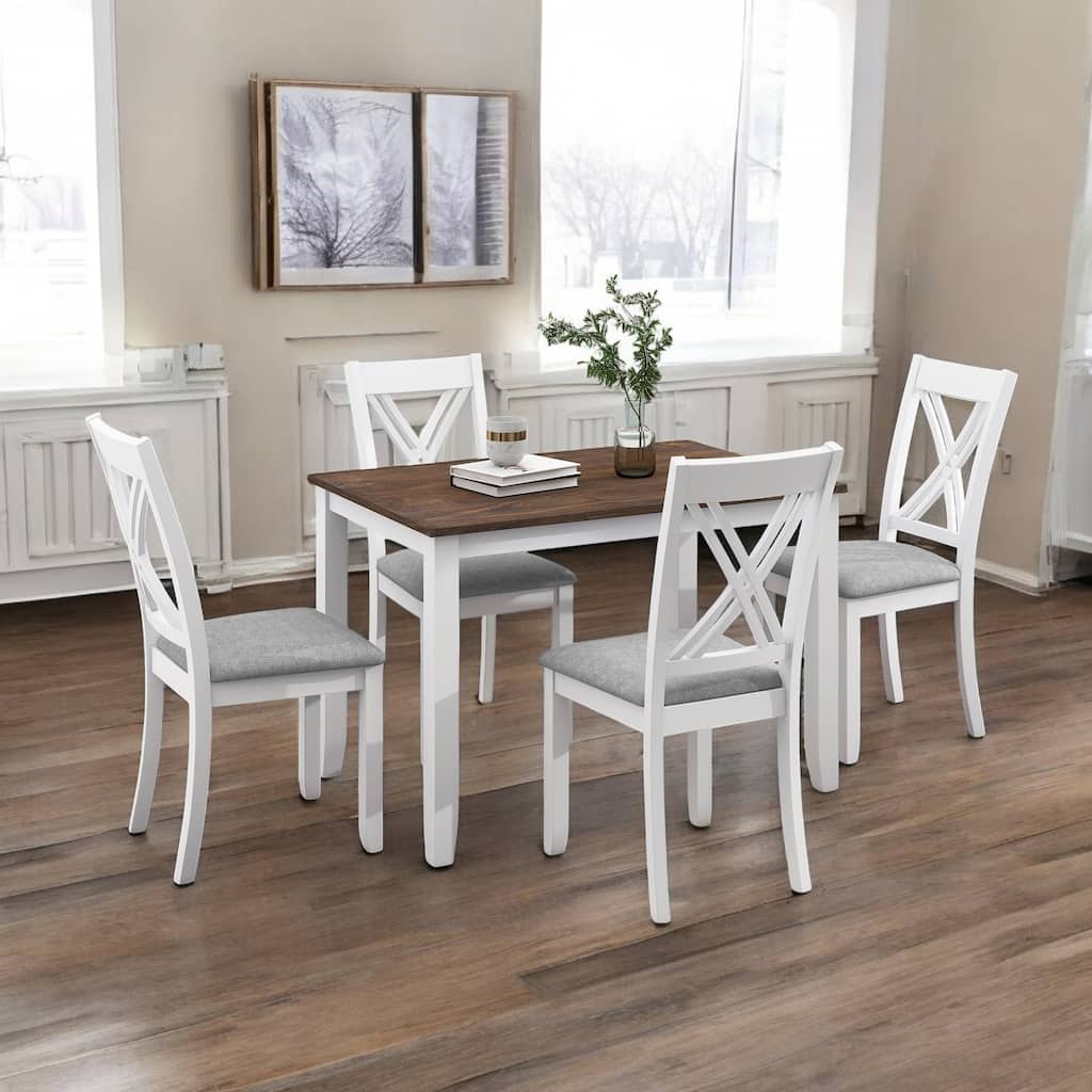 5-Piece Dining Table Set with 4 X-Back Chairs for Small Dining Rooms, Solid Wood Construction with Linen Upholstered Seats