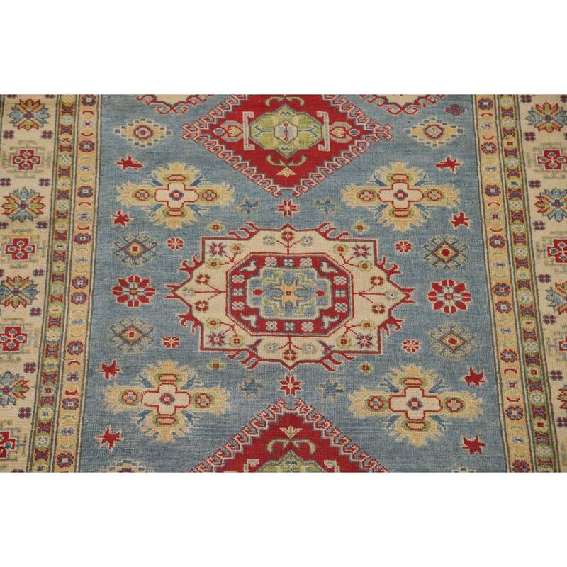Blue Geometric Kazak Area Rug Handmade Wool Carpet - 5'0" x 6'6"
