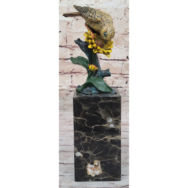 Hot Cast Bronze Sparrow Finch Yellow Bird On Marble Base - Original Art By Milo
