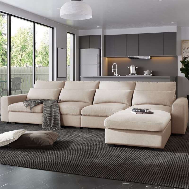 Modern L-shaped feather-filled sectional sofa with reversible chaise longue