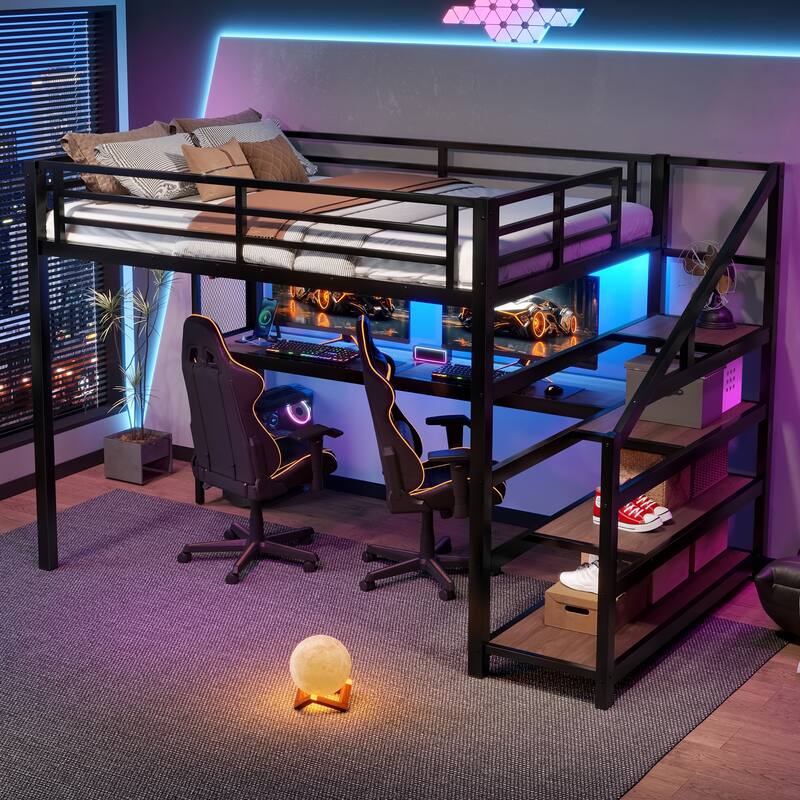 Full Loft Bed with Desk and Storage Stairs, Metal Loft Beds with LED Lights, USB Ports, Multifunctional Iron Nets, Black