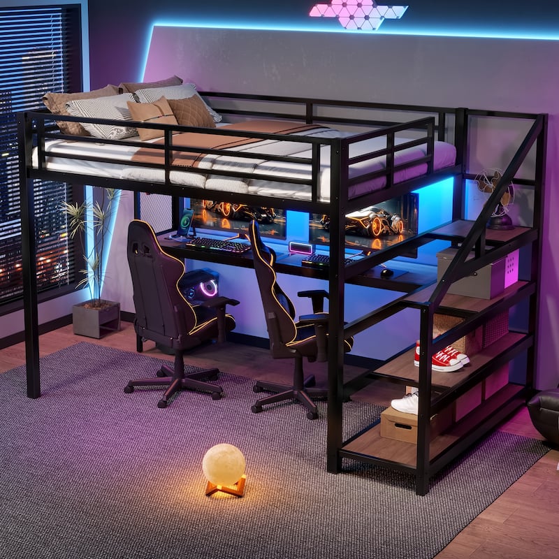 Full Loft Bed with Desk and Storage Stairs, Metal Loft Beds with LED Lights, USB Ports, Multifunctional Iron Nets