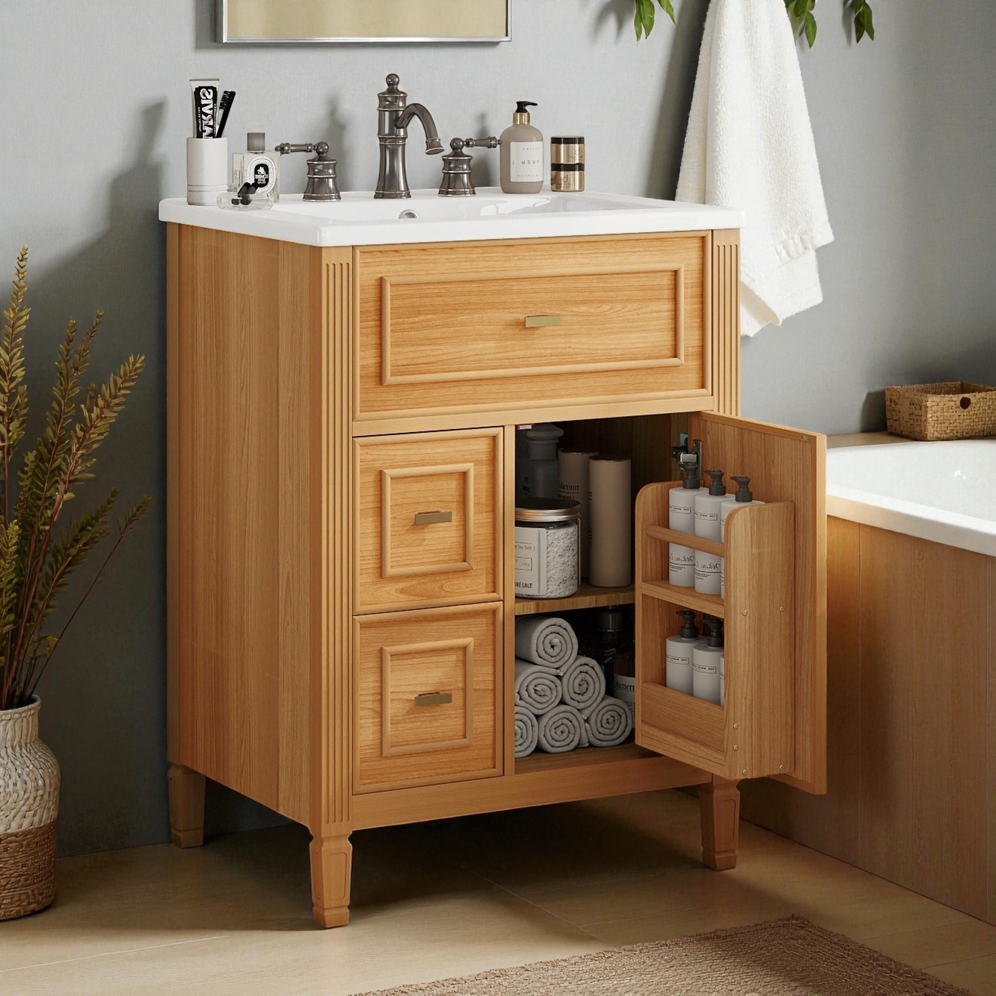 24" Freestanding Bathroom Vanity with Ceramic Sink, Flip Drawer & Adjustable Shelf, Solid Wood Frame, Faucet Not Included