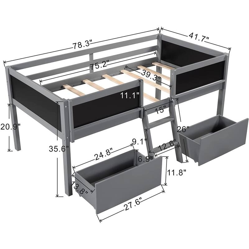 Twin Size Wood Loft Bed with 2 Storage Drawers & Chalkboard