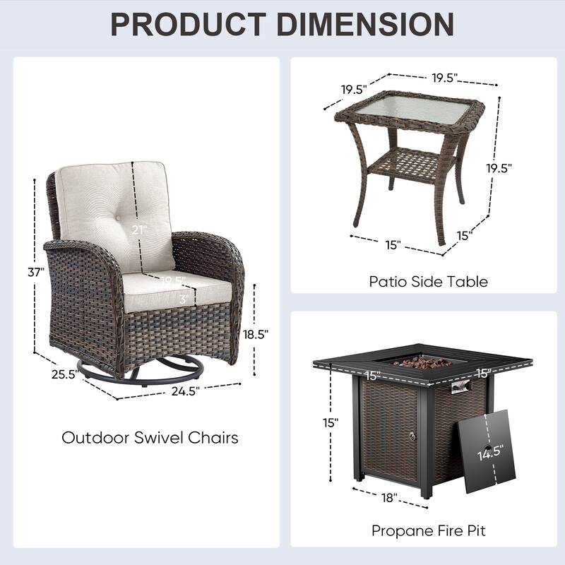 Patio Sofa Swivel Chair with Propane Fire Pit Table