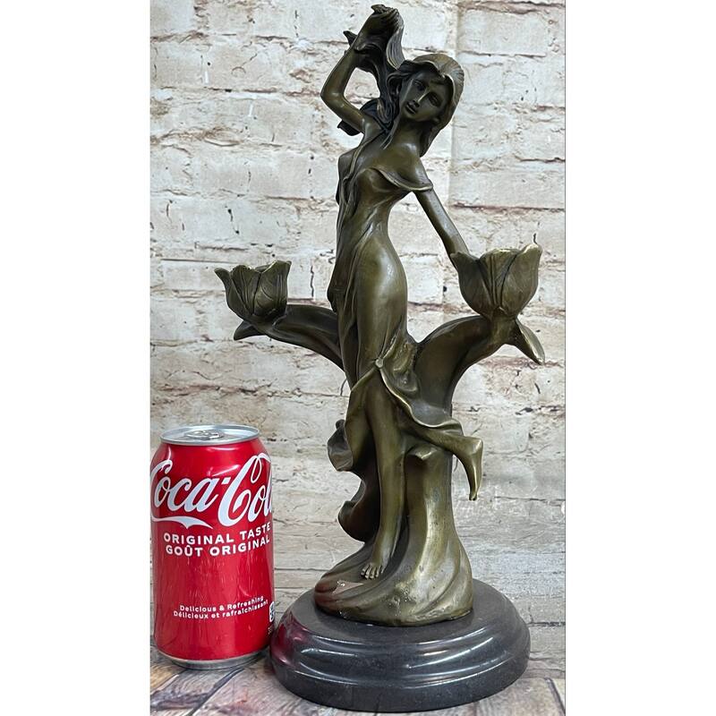 Art Nouveau Female Figure Bronze Candle Holder Candelabra Sculpture By Kin