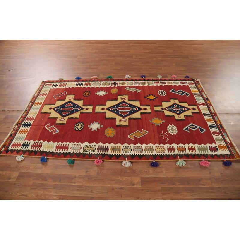 Red Kilim Qashqai Persian Vintage Rug Hand-Knotted Wool Carpet - 4'3"x 7'2"
