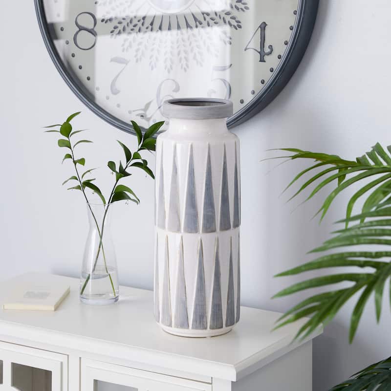 White Ceramic Decorative Vase with Triangle Patterns