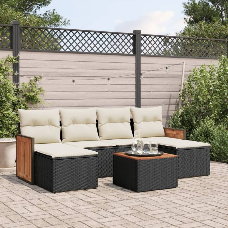 vidaXL Patio Sofa Set with Cushions Outdoor Conversation Furniture Poly Rattan - 21.7 x 21.7 x 14.6 in - Black and cream with table