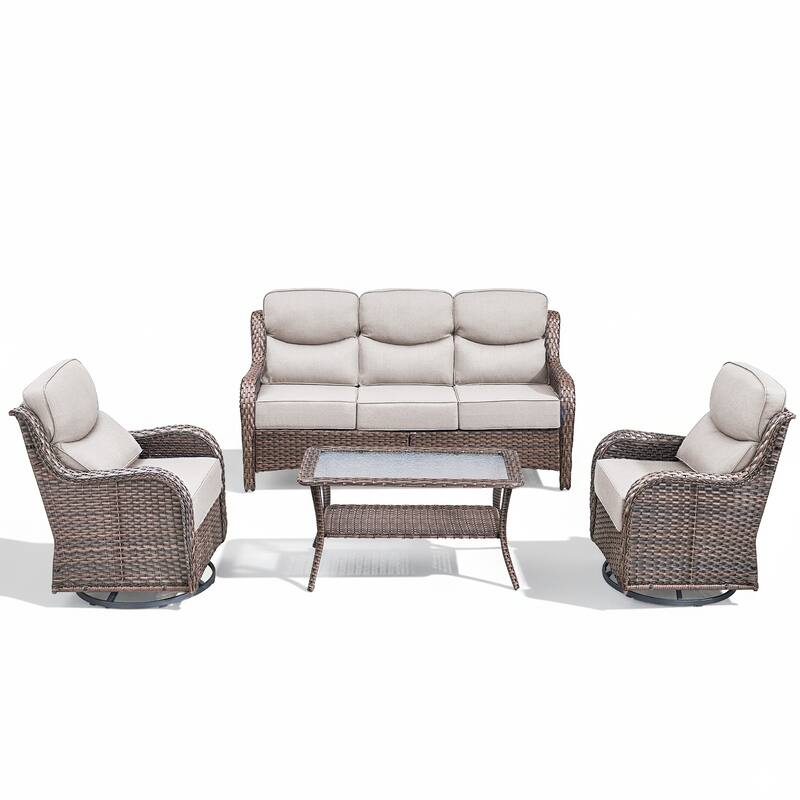 Arcadia 4-Piece Wicker Patio Conversation Set with Swivel Gliders and 6-Inch Thick Olefin Cushions