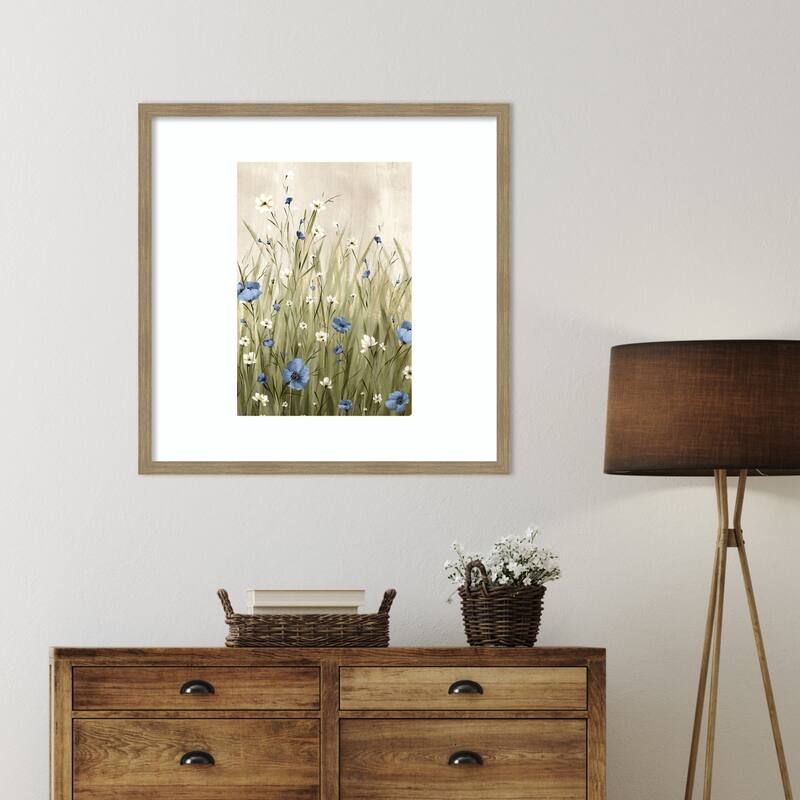 Blue Blossoms in Gentle Meadow by Alex Black Wood Framed Wall Art Print