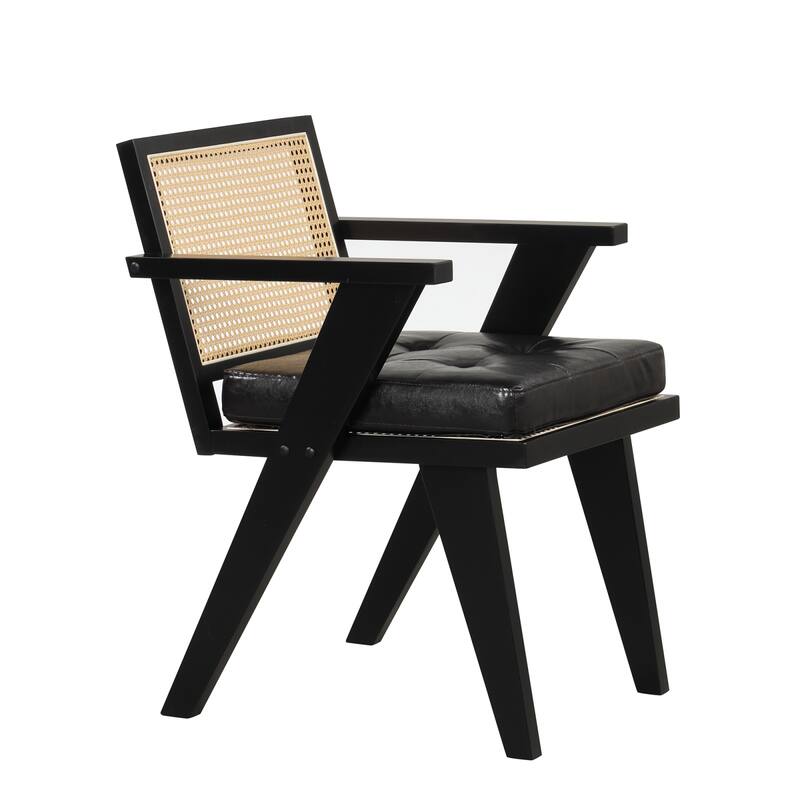 Mid-Century Modern Chair Accent Chair with Handcrafted Rattan Backrest and Padded Seat - 25.30" L x 22.80" W x 31.60" H