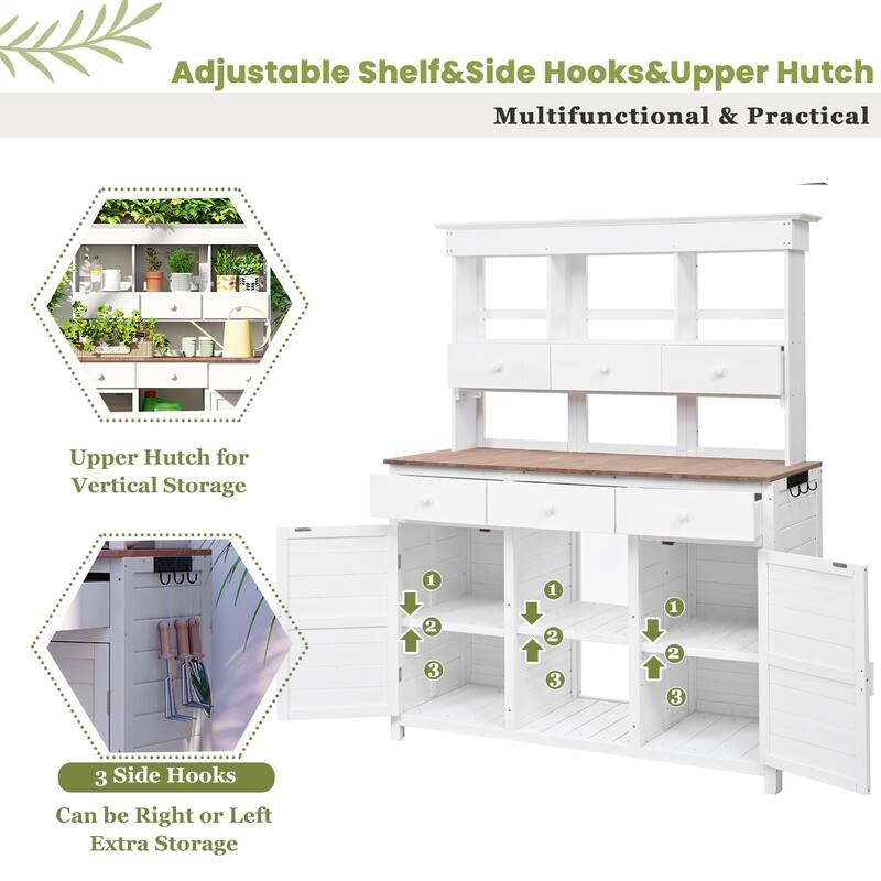 Roomfitters 65.7" Tall Garden Potting Bench Table with Hutch, 3 Shelves, 6 Drawers, 2 Cabinets and Side Hooks