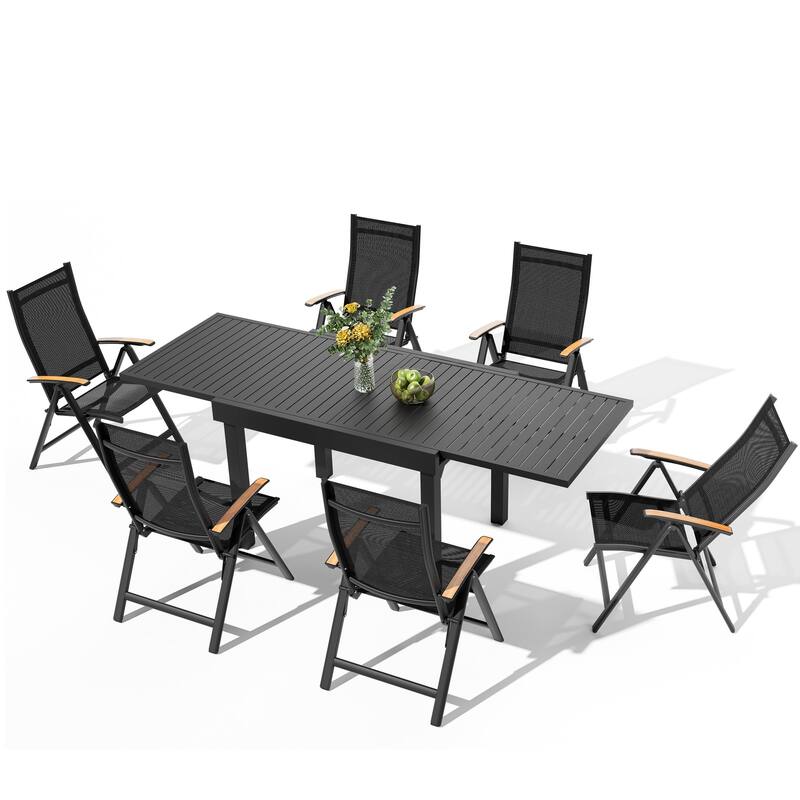 5/7/11-Piece Outdoor Patio Dining Set Aluminum Expandable Rectangular Dining Table with Adjustable Back Folding Chairs