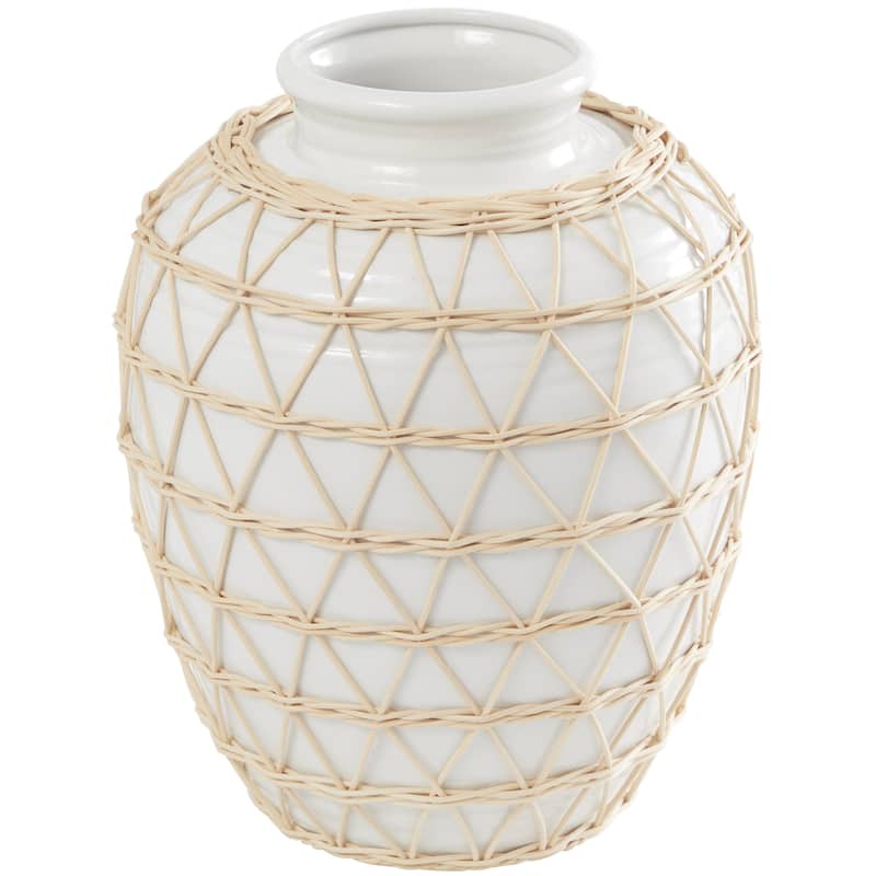 Ceramic Handmade Decorative Vase with Woven Rattan Exterior - White - Roche River Decor - White