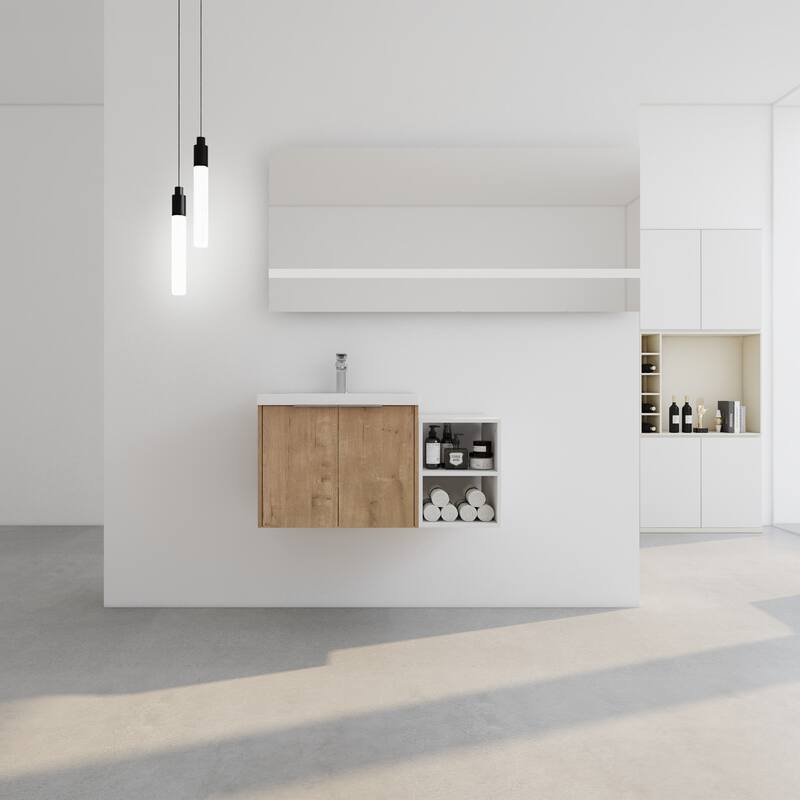 36" Wall-Mounted Bathroom Vanity with Resin Sink, Soft-Close Doors, Small Storage Shelves for Modern Bathrooms