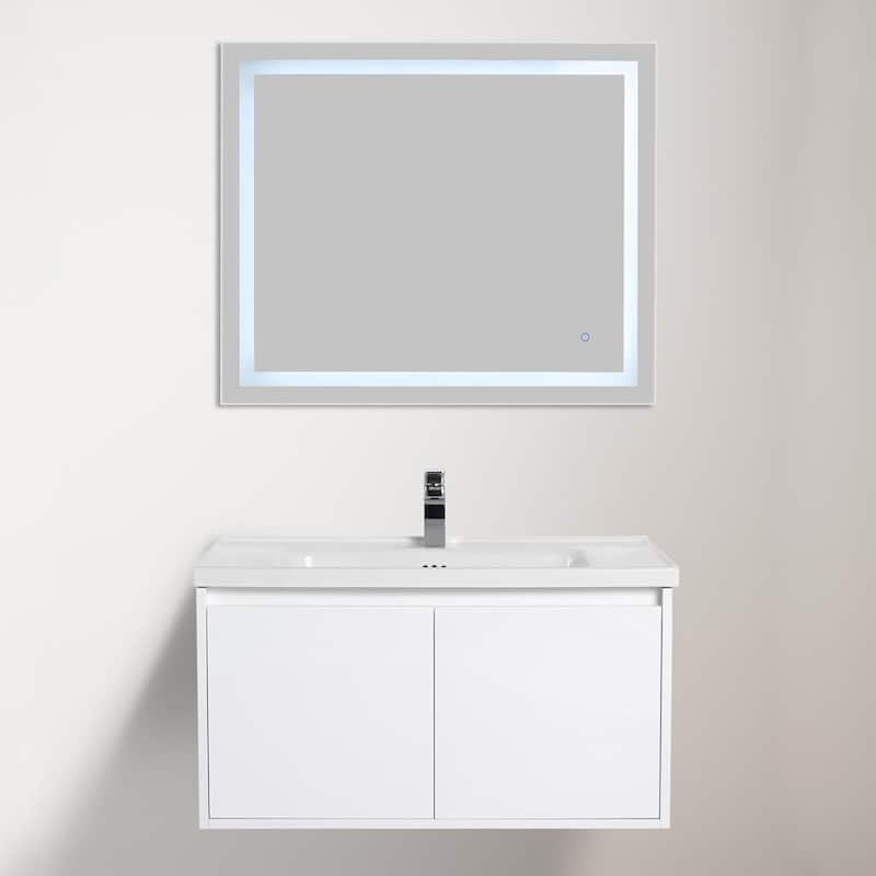 Blossom 36" Wall-Mounted Bathroom Vanity with Ceramic Sink, Soft-Close - Glossy - Glossy White