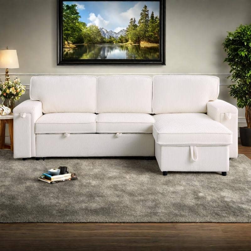 96" Chenille 3-Seat Sleeper Sectional Sofa with Storage Chaise - Beige