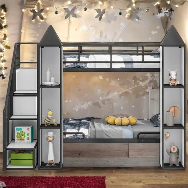 slide 2 of 24, Metal Twin over Twin Castle-shaped Bunk Bed with Wardrobe and Multiple Storage