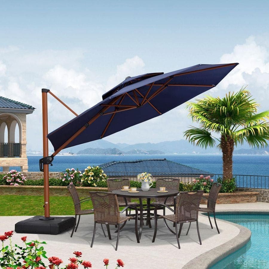 PURPLE LEAF 10/11/12ft Round Wood Pattern Patio Cantilever Umbrella with Base