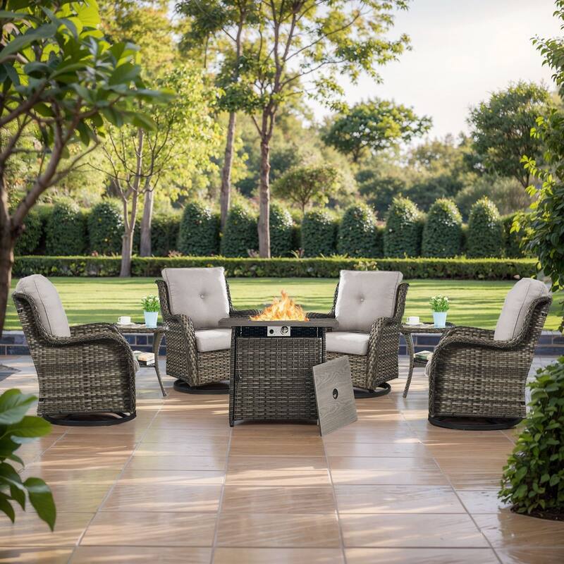 Pocassy Fire Pit Table with Sofa Swivel Chairs Set - Grey Wicker Beige Cushion - 7 Pieces Swivel Chair with Fire Table