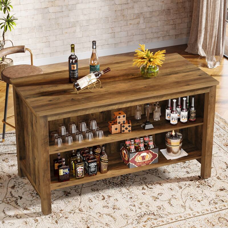 59-Inch Home Bar Table Unit Counter Height Pub Table with Storage - 27.56" D x 59" W x 35.43" H - Brown